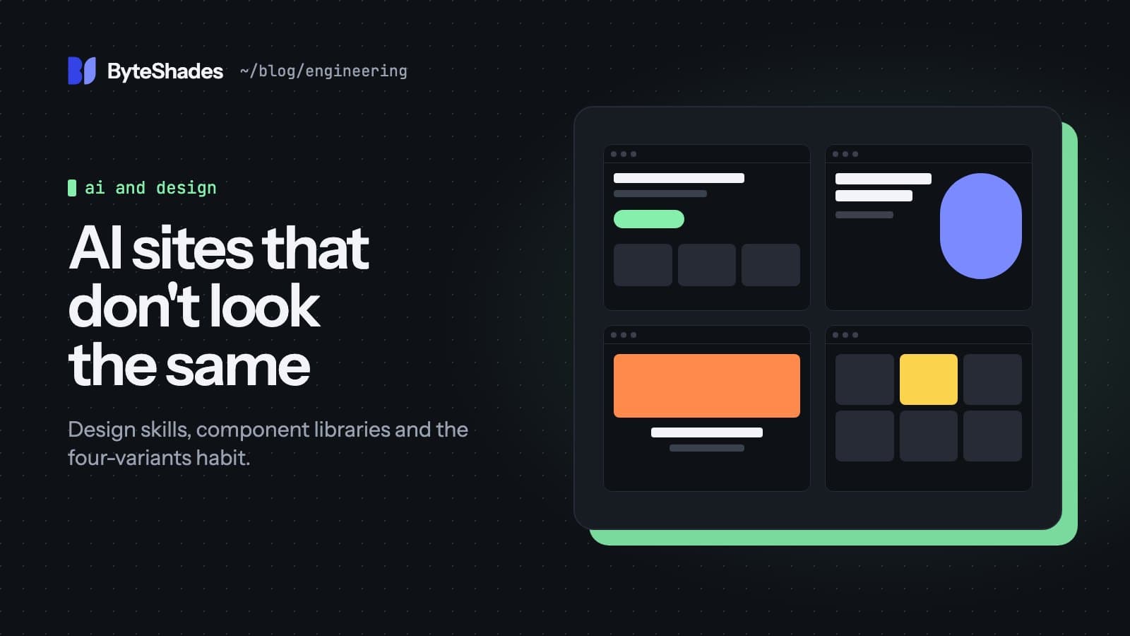 Four different website wireframes in browser windows, beside the headline AI sites that don't look the same