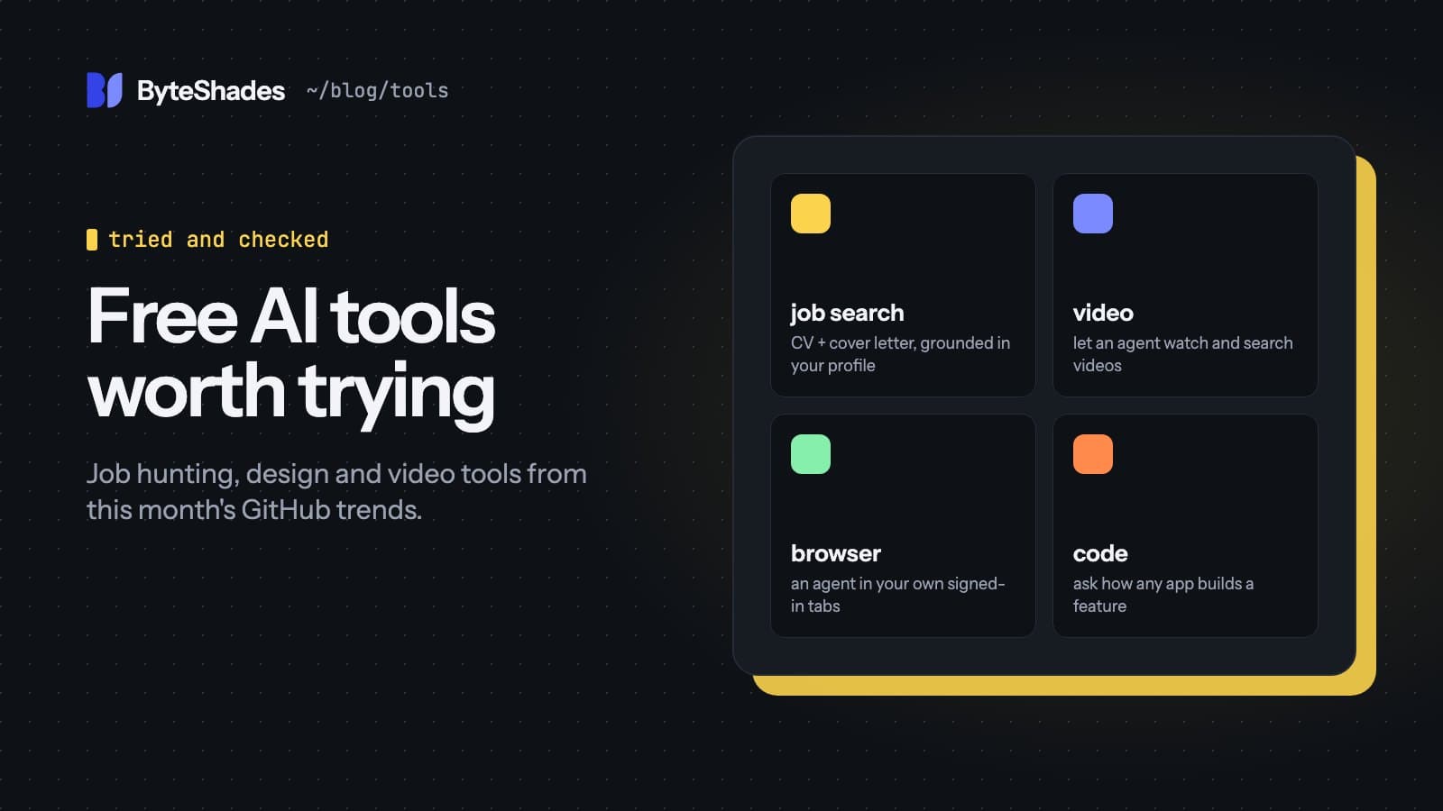 Four tiles labelled job search, video, browser and code, beside the headline Free AI tools worth trying