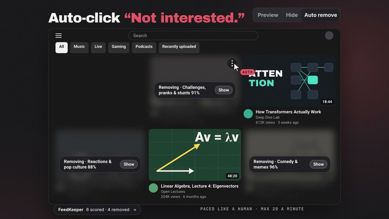 Auto remove: FeedKeeper clicks the Not interested menu item on matching videos