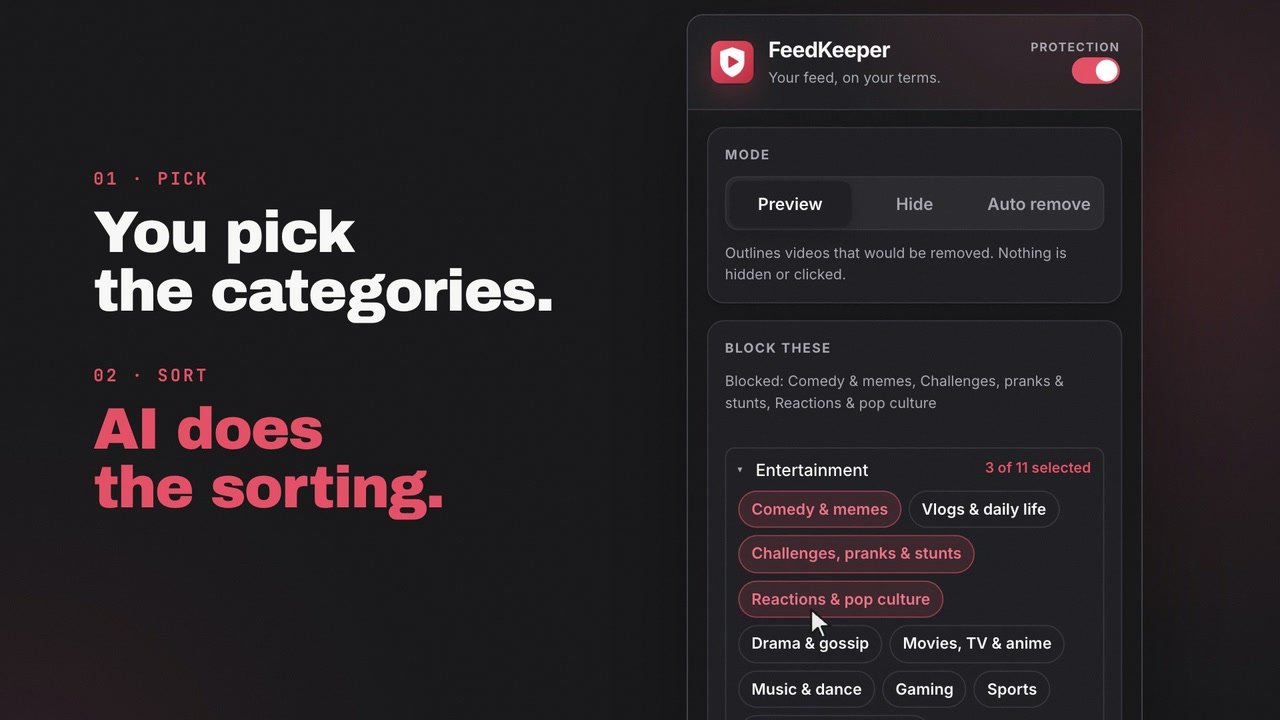 The FeedKeeper popup with the mode selector and category chips