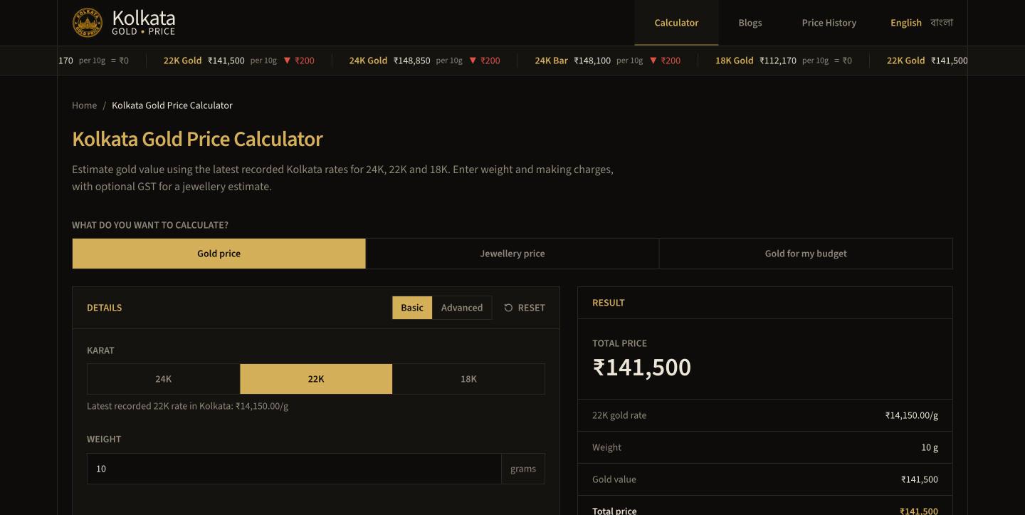The gold price calculator with karat and weight inputs and the total price